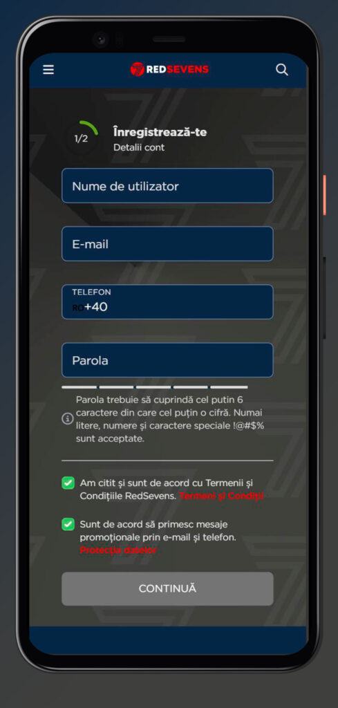 Înregistrare în aplicația mobilă redsevens-casino